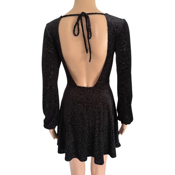 VTG Skater Long Sleeves Dress S Whimsigoth Floral Boho Fairy Grunge Burnout Blck - Picture 3 of 6